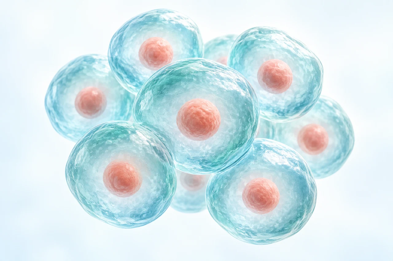 A conceptual three-dimensional cluster of translucent cells and nuclei