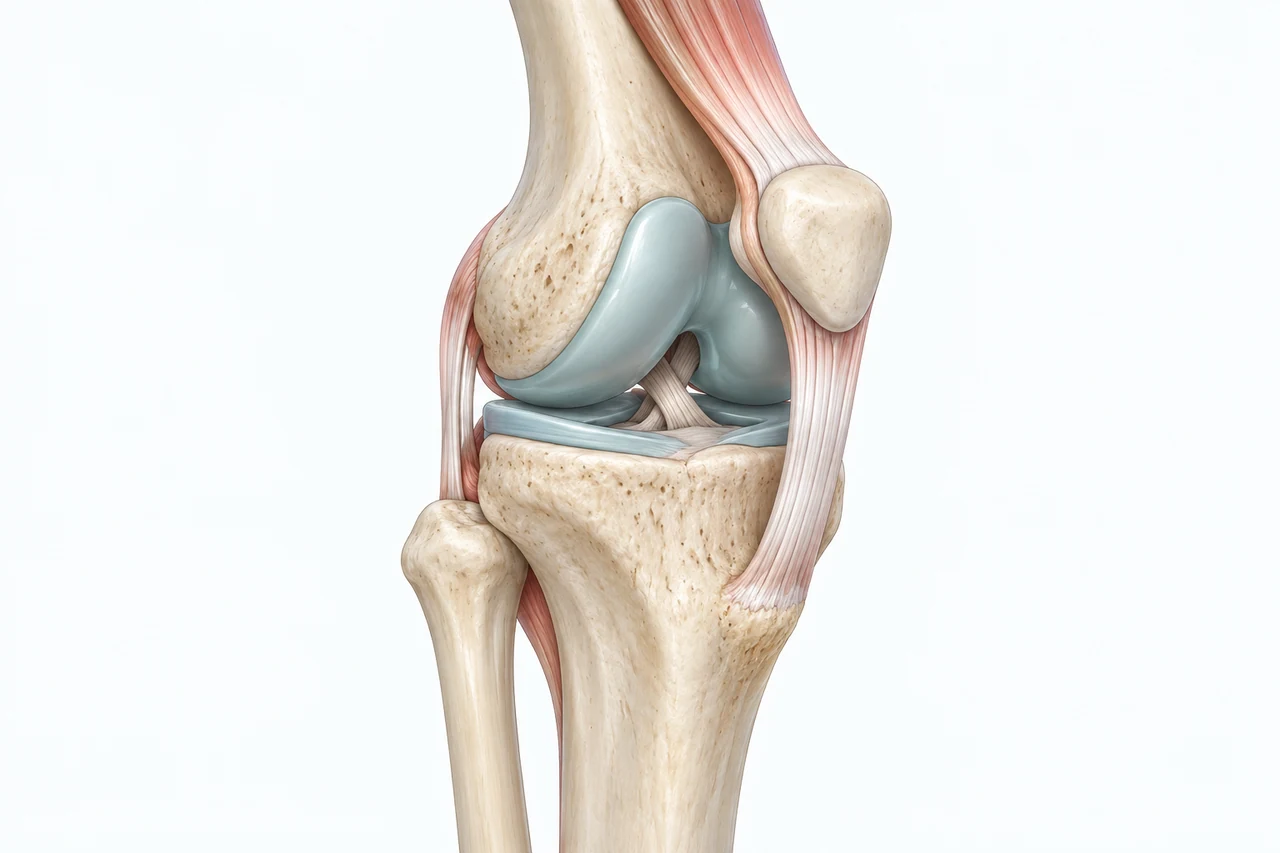 An illustration of the knee joint showing bone and cartilage