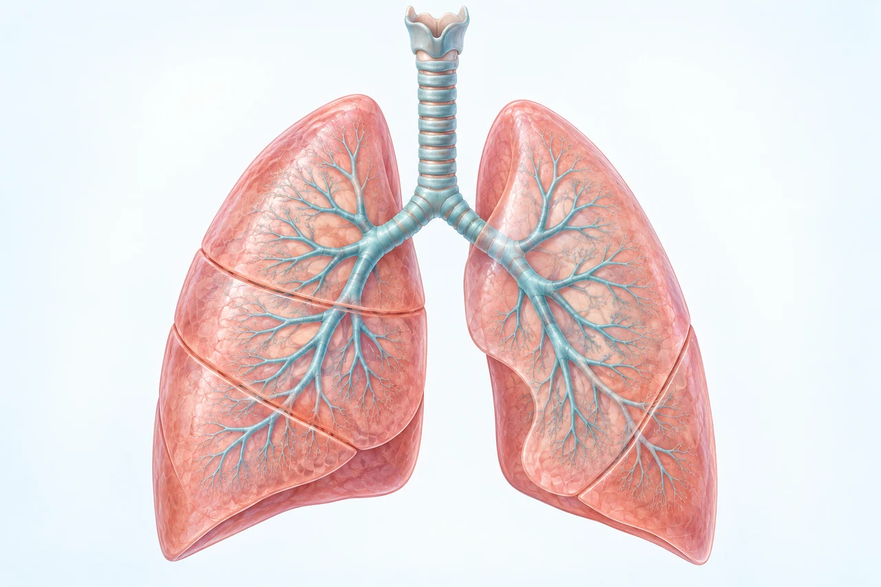 An illustration of the lungs, trachea and branching airways