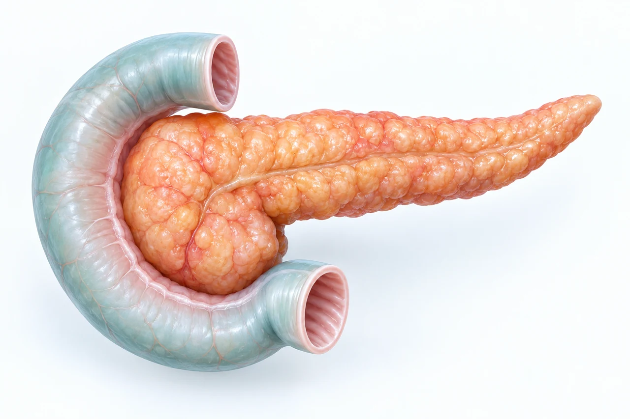 An illustration of the pancreas beside the curve of the duodenum